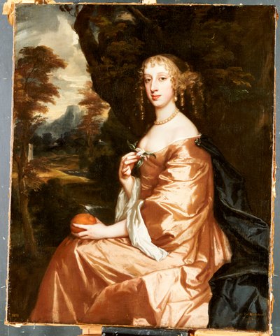 Lady Penelope Nicholas, segurando uma laranja em uma paisagem de Peter Lely