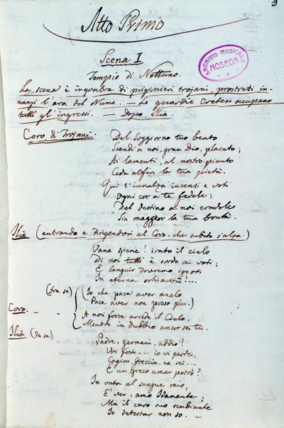 Atto Primo, primeira página do libreto da adaptação de Lichtenthal do Idomeneo, Re di Creta, de Mozart. de Peter Lichtenthal