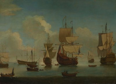 Navios de guerra ingleses ancorados numa calma, secando as velas, início do século XVIII (óleo sobre tela) de Peter Monamy