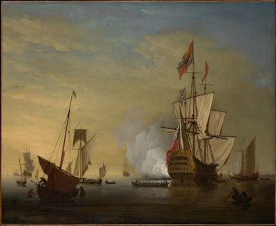 Cena portuária: um navio inglês com as velas soltas dispara um canhão de Peter Monamy