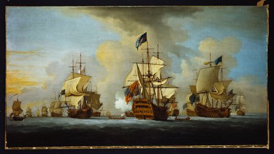A frota inglesa ancorada com o navio do almirante sinalizando para os vice-e-almirantes dos esquadrões branco e azul de Peter Monamy