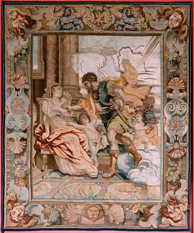 tapeçaria flamenga. Série História do cônsul Décio Mus. Marte aparece para Rhea Silvia (Aparición de Marte a Rea Silvia). Oitava tapeçaria da série. Modelo P P Rubens. Manufatura Jan Raes II, Bruxelas. Ca1620-1629. Tecido Ouro, prata, seda e lã. de Peter Paul (after) Rubens