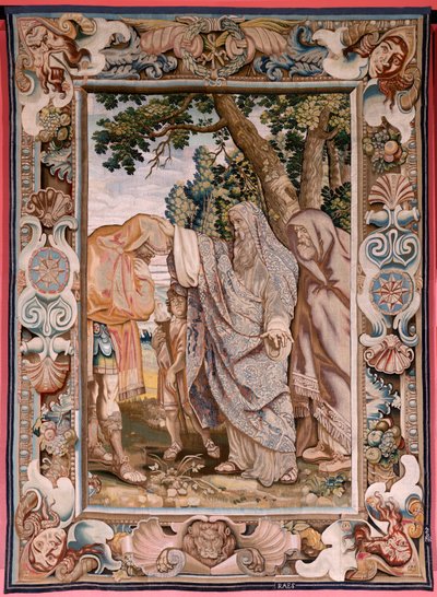 Tapeçaria flamenga. História da série do cônsul Decius Mus. Valerius abençoa Decius. A quarta tapeçaria da série. Modelo PP Rubens. ; Fabrico Jan Raes II, Bruxelas. Ca 1620-1629. Tecido Ouro, prata, seda e lã. Tamanho 405 x 330 cm. Localização Royal Pal de Peter Paul (after) Rubens