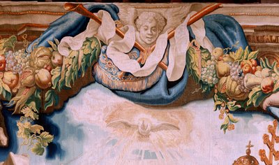 tapeçaria flamenga. Série O Triunfo da Eucaristia. Os Defensores da Eucaristia (os defensores de la Eucaristía). Décima tapeçaria da série. Modelo Peter Paul Rubens. 1626-1628. Manufatura Jan II Raes, Hans Vervoert, Jacques Fobert, Bruxelas de Peter Paul (after) Rubens