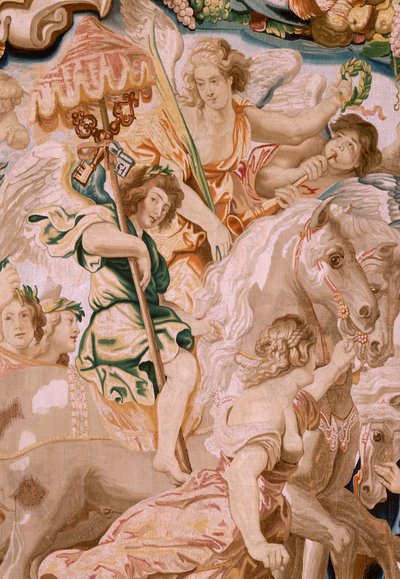 tapeçaria flamenga. Série O Triunfo da Eucaristia. O Triunfo da Igreja (El Triunfo de la Iglesia). Oitava tapeçaria da série. Modelo Peter Paul Rubens. 1626-1628. Manufatura Jan II Raes, Bruxelas de Peter Paul (after) Rubens
