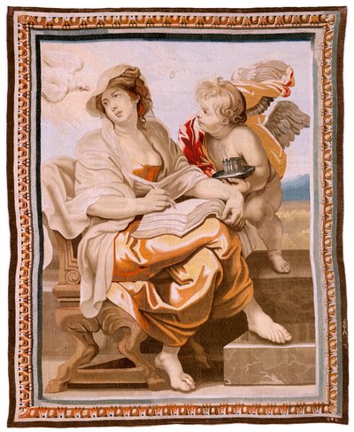 Tapeçaria flamenga. Série O Triunfo da Eucaristia. A Sabedoria é inspirada pelo Espírito Santo (La Sabiduría inspirada por el Espíritu Santo). A décima nona tapeçaria da série. Modelo Peter Paul Rubens. 1626-1628. Fabricação de Jacob II Geubels, Bruxelas de Peter Paul (after) Rubens
