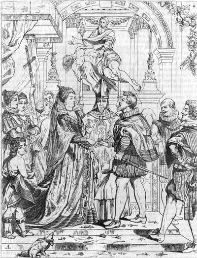Casamento por procuração de Marie de Medicis (1576-1642) com Henrique IV em Florença, 5 de Outubro de 1600. Gravura de Pierre Paul (Pierre-Paul) Rubens (ou Peter Paul ou Petrus Paulus) (1577-1640). de Peter Paul (after) Rubens