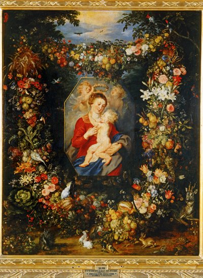 Maria Virgem e Menino com coroa de flores e frutos ... de Peter Paul & Brueghel Jan (1601 78) Rubens