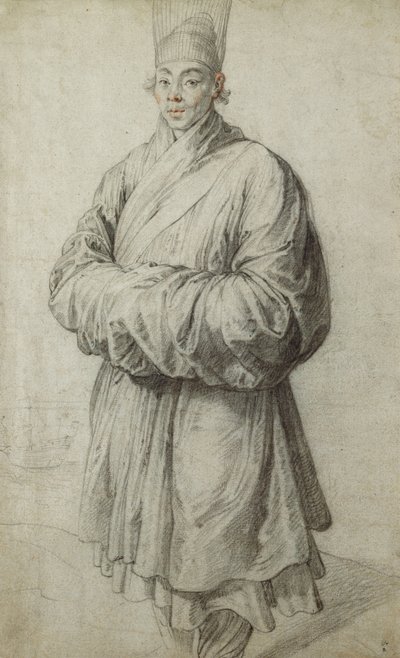 Um homem em traje coreano, usando um cocar transparente de crina de cavalo, quase todo o comprimento, um navio para a esquerda, de Peter Paul Rubens