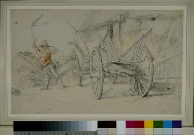 Um homem a debulhar ao lado de uma carroça, edifícios agrícolas atrás de Peter Paul Rubens