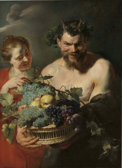Um sátiro segurando um cesto de uvas e marmelos com uma ninfa, de Peter Paul Rubens de Peter Paul Rubens
