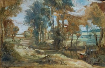 Uma carroça a atravessar um riacho, c.1625-40 (giz preto e óleo sobre papel colado em tela) de Peter Paul Rubens