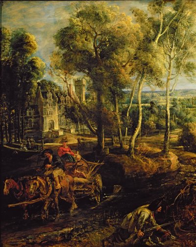 Uma paisagem de outono com uma visão de Het Steen no início da manhã, c.1636 óleo no detalhe do painel de 211075 de Peter Paul Rubens