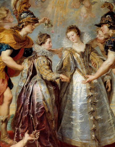 Intercâmbio das duas princesas de França e Espanha no rio Bidassoa em Hendaye, 11/9/1615 Representação alegórica do casamento entre Ana da Áustria e Luís XIII, por um lado, entre Isabel de França (1602-1644) e Filipe IV no rio Bidassoa, em Hendaye de Peter Paul Rubens