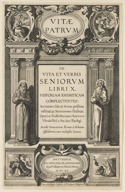 Frontispício para "Vidas dos pais", de Heribert Rosweyde, gravado por Theodor Galle de Peter Paul Rubens