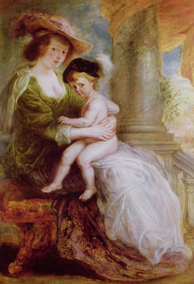 Helene Fourment (1614-73) e seu filho Frans (óleo no painel) de Peter Paul Rubens