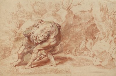 Hercules Strangling the Nemean Lion, c.1620 (giz vermelho, amarelo e preto, pincel e tinta vermelha e guache sobre papel) de Peter Paul Rubens