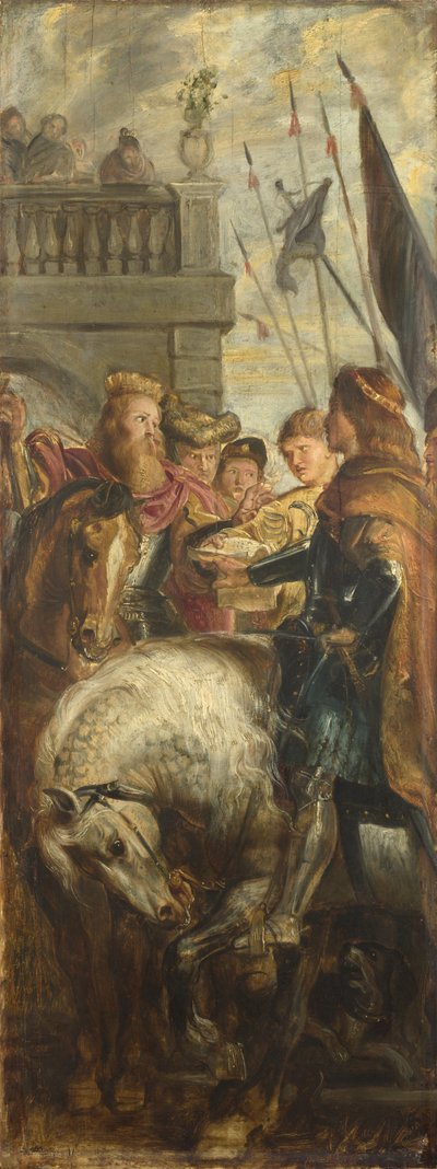 Os reis Clothar e Dagobert disputam com um Arauto do Imperador Maurício. Esboço para retábulo alto, St Bavo, Ghent, 1611 de Peter Paul Rubens