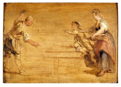Kitchen Maid, Butcher and Boy à volta de uma mesa (óleo sobre tela) de Peter Paul Rubens