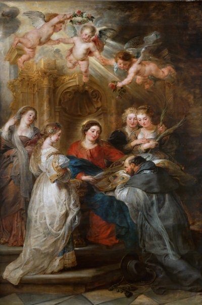 La vision de Saint Ildefonse (606-667), la Vierge lui donne une chasuble - Panneau central du retable de saint Ildefonso - Painel central do Altar de Ildefonso, de Rubens, Pieter Paul (1577-1640). Óleo sobre madeira, c. 1630-1631. Museu de História de Arte de Peter Paul Rubens