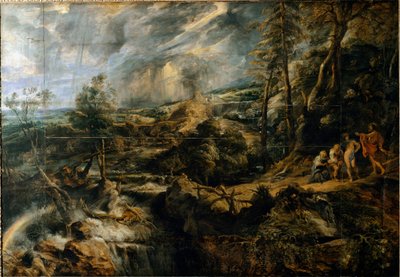 Paisagem do Tempete com os Velhos Frígidos Filemon e Baucis (Pintura, c.1620) de Peter Paul Rubens