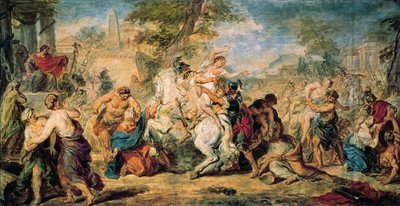 "Para compensar a falta de mulheres, Rómulo e os romanos raptam as dos seus vizinhos, os Sabines, que tentam retomá-las pela força. A batalha é evitada graças às mulheres Sabine que vêm entre os guerreiros, no de Peter Paul Rubens