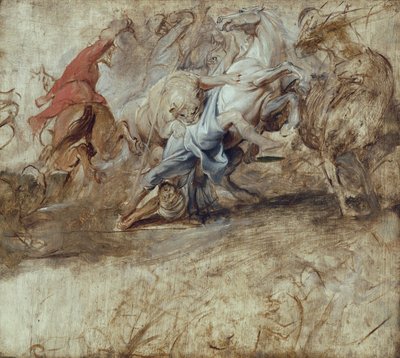 Caça ao leão (esboço a óleo) Verso: Casamento por procuração (esboço para o ciclo dos Médici) de Peter Paul Rubens