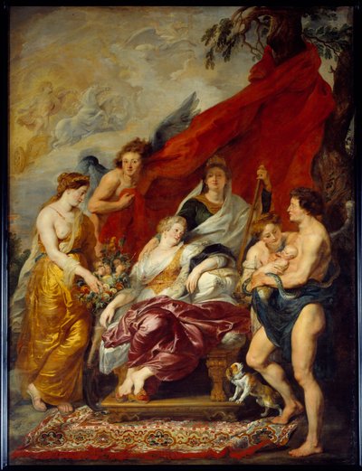 Luís XIII nasceu em Fontainebleau, a 27 de Setembro de 1601. Sua mãe Marie de Medicis (Maria de Medici) senta-se no trono e olha para o novo ne. Pintura de Pierre Paul (Pierre-Paul) Rubens (ou Peter Paul ou Petrus Paulus) (1577-1640) de Peter Paul Rubens
