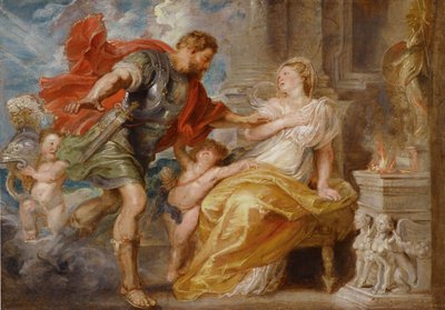 Marte e Rhea Silvia (por vezes chamada Ilia é a mãe dos gémeos Remus e Romulus). Pintura de Peter Paul Rubens (1577-1640), óleo sobre tela, ca. 1616-1617. Arte flamenga de Peter Paul Rubens