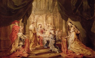 Mary Giving Ildefonso, Arcebispo de Toledo, com o Arq. Duque Albrecht VII e seu Patrono Saint Albert de Lowen à esquerda e a Infanta Isabella Claira Eugenia e sua Padroeira Santa Isabel da Hungria à esquerda (esboço para o retábulo de Peter Paul Rubens