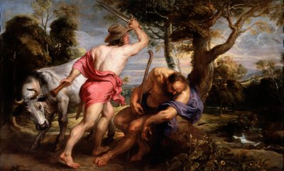 "Mercúrio e Argus" Mercúrio é acusado por Zeus de adormecer Argus, o guardião de Io, transformado em genisse por Hera (Mercúrio e Argus) Pintura por Pieter Paul Rubens (1577-1640) 1636-1638 Dim 180x298 cm Museo del Prado, Madrid de Peter Paul Rubens