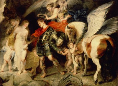 "Perseus e Andrómeda" Andrómeda acorrentado a uma rocha é libertado por Perseus acompanhado por Pagase. No seu escudo, a cabeça da Medusa, que ele matou. Pintura de Peter Paul (Peter-Paul) Rubens (ou Peter Paul ou Petrus Paulus) (1 de Peter Paul Rubens