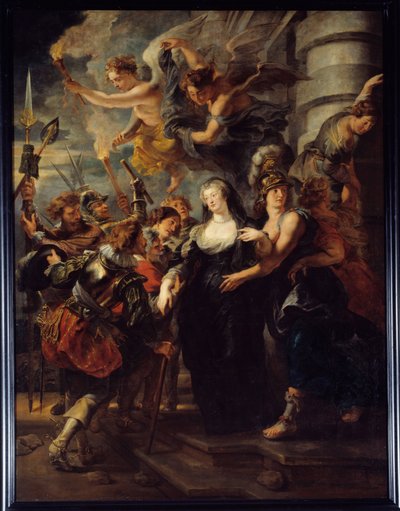 A rainha Marie de Medicis (1573-1642) fugiu do Castelo de Blois na noite de 21 para 22 de Fevereiro de 1619 A rainha da França no exílio em Blois durante a "Guerra da Mãe e do Filho" fugiu para Angouleme. Anjos com tochas guiam a rainha no caminho certo. D de Peter Paul Rubens