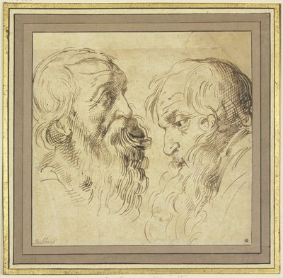 Folha de estudos: duas cabeças barbudas de perfil viradas para a direita e para a esquerda de Peter Paul Rubens