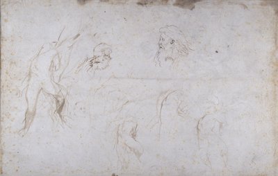 Estudos de uma figura masculina amarrada a uma árvore e de duas cabeças masculinas, c.1601 (caneta e tinta sobre papel) de Peter Paul Rubens