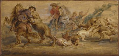 Estudo para "The Bear Hunt" (para o Alcázar, Madrid), c.1639 (óleo sobre madeira) de Peter Paul Rubens