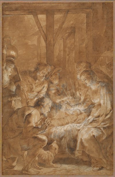 A Adoração dos Pastores, c.1613-4 (caneta e tinta marrom com lavagem marrom e guache branco) de Peter Paul Rubens
