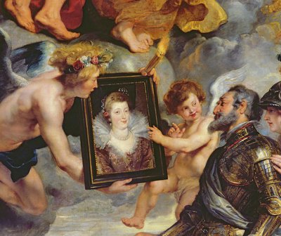 O Ciclo Medici: Henri IV (1553-1610) Recebendo o Retrato de Maria de Médicis (1573-1642) 1621-25 (detalhe de 17689) de Peter Paul Rubens