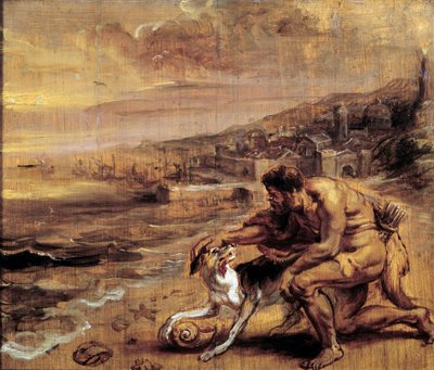 A descoberta do fenício A roxo encontra, graças ao seu cão, uma concha (Murex) que produz a tintura vermelha. Lavagem de pintura de Pierre Paul (Pierre-Paul) Rubens (ou Peter Paul ou Petrus Paulus) (1577-1640) Sol do século XVII. 0,28x0,34 m Bayonne, Musee de Peter Paul Rubens