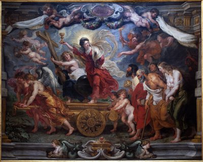 O triunfo da fé católica. A alegoria do triunfo da Eucaristia sobre a natureza, a ciência, a filosofia e a poesia. Uma mulher montada em um tanque segura um cálice encimado por uma hóstia, símbolo da Eucaristia. Anjos seguram símbolos da Paixão: cruz, coro de Peter Paul Rubens