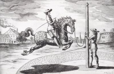 A Horse en Capriole de New Treatise para Breeding Horses escrito por Winters, Stuterey e Reit-Schul, gravado pelo artista, pub. Gravura 1672 de Peter Paul Troschel