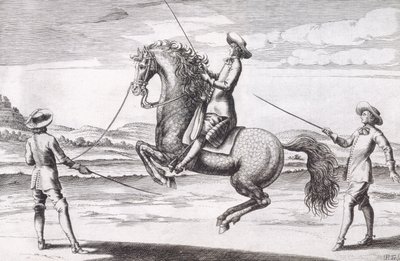 Ilustração de um en Croupade do cavalo do tratado novo para produzir os cavalos escritos por invernos, por Stuterey e por Reit-Schul, bar. 1672 de Peter Paul Troschel