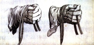 Estudo de duas mãos com luvas segurando as rédeas de uma cabeçada dupla do 