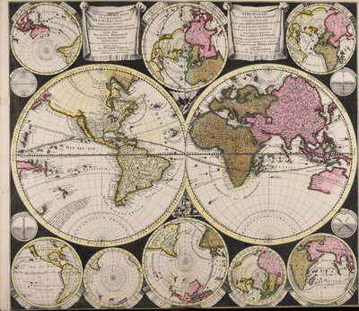 Diversa orbis Terrae visu incedente per coluros Tropicorum ambos ejus polos et particularis sphaerae zenith in planum orthographica projectio quibus additae pro variato horizonte omnium positiones eorumdemque mutua cum circulis caelestibus relatio  Plat O de Peter Schenk the Elder