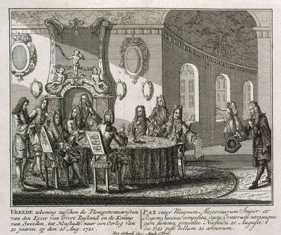 Conclusão do Tratado de Paz de Nystad em 20 de agosto de 1721. de Peter Schenk the Younger