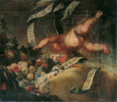 Putto com flores, frutas e banner de Peter Strudel