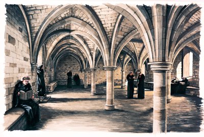 Monges na sala comum de Battle Abbey, East Sussex, século XII c1990-c2010 de Peter Urmston