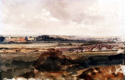 Extensa paisagem com uma ponte de pedra (lápis e aguarela) de Peter de Wint