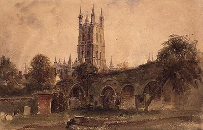 Catedral de Gloucester com as Ruínas da Igreja de Santa Catarina, c.1840 (aguarela com destaques riscados no papel) de Peter de Wint