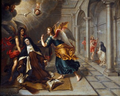 Santa Teresa de Ávila (do menino Jesus) (1515-1582) encontra o anjo que fura o coração de sua pintura dourada mais escura de Peter Van Lindt (século XVII) Dim. 85x70 cm Genes, Galleria di Palazzo Bianco de Peter van Lint